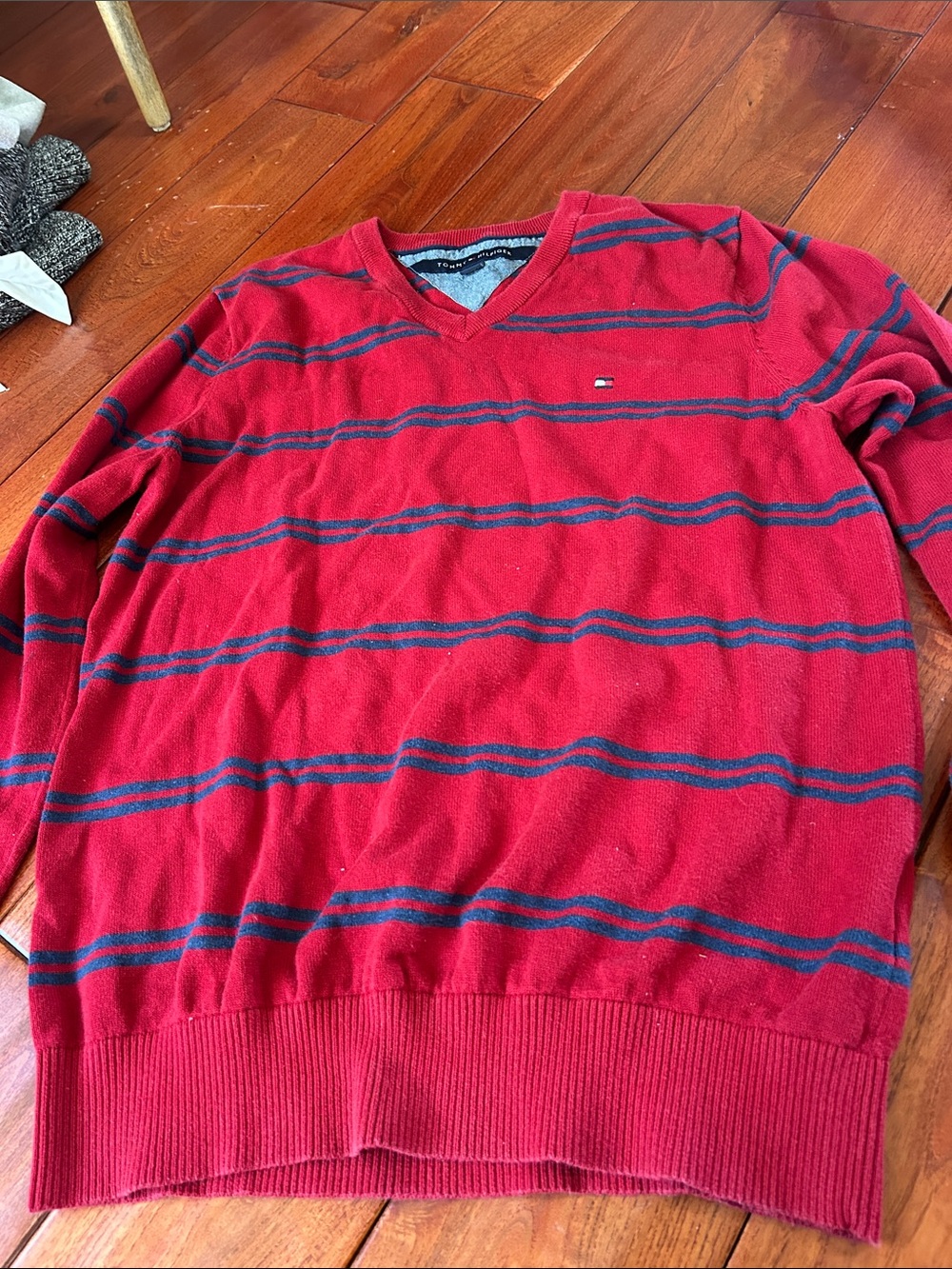 Tommy Hilfiger Red V-Neck Sweater with Blue Stripes